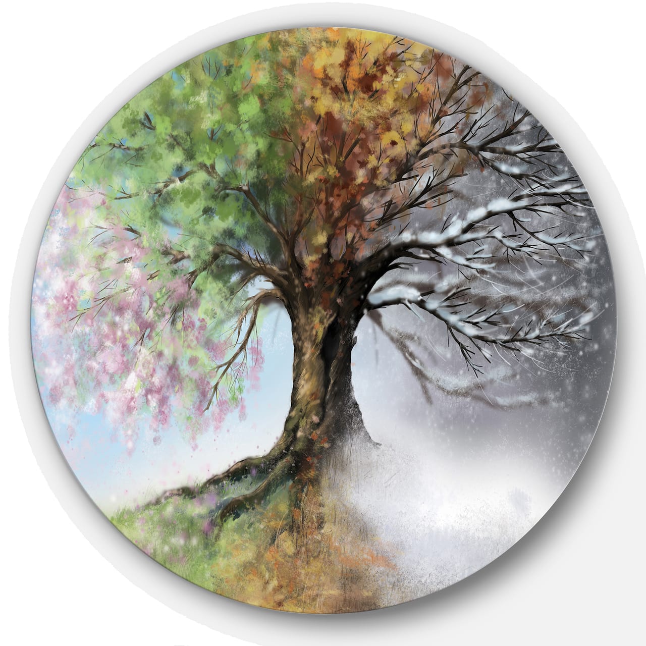 Designart - Tree with Four Seasons' Tree Painting Circle Metal Wall Art